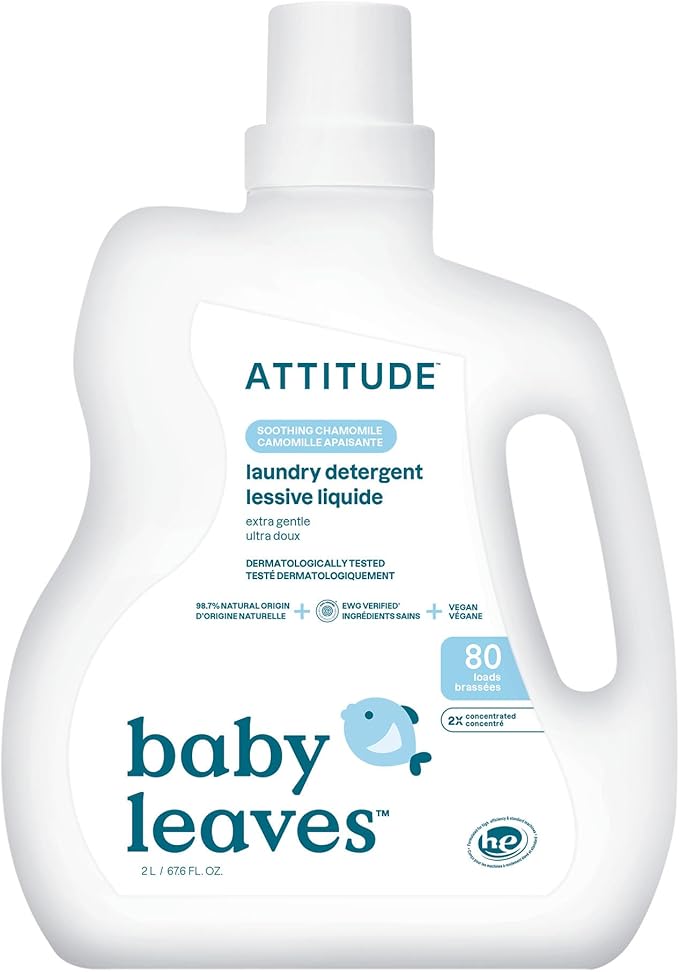 ATTITUDE Baby Laundry Detergent Liquid, EWG Verified, Safe for Baby Clothes, Infant and Newborn, Naturally Derived, HE Compatible, Soothing Chamomile, 80 Loads, 67.6 Fl Oz (AMAZON EXCLUSIVE)