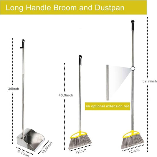 Stainless Steel Dustpan with Outdoor Stiff Bristles Broom,Long Handle Metal Dust Pan and Heavy Duty Broom for Home,Lobby,Office
