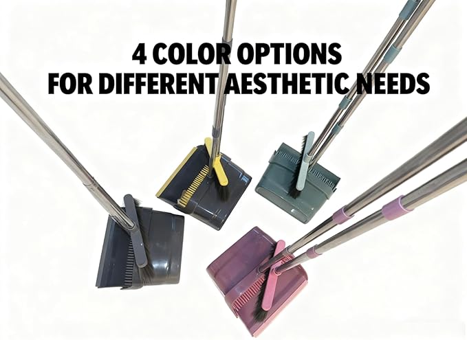 Broom and Dustpan Set with Long Handle - Upright Dustpan & 3 Rows Dense Bristles, Ideal for Home, Office, Kitchen, Lobby, Shop, All-Purpose Indoor & Outdoor Sweeping,Gray&Yellow