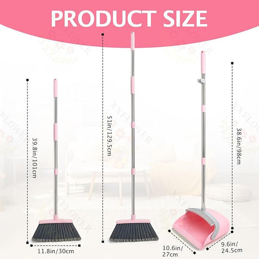 Broom and Dustpan Set, Dustpans with Broom Combo for Home, Heavy Dust Broom and Dustpan Combo, Long Handle Dust Pan and Broom Set for Kitchen, Office, Pet Hair(Gray Pink)