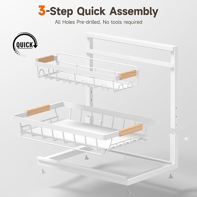 2 Packs Under Sink Organizer, High Adjustable 2 Tier Under Kitchen sink organizer, Multi-Purpose Storage Shelf for Kitchen Bathroom Cabinet (White)