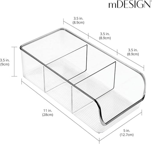 mDesign Plastic Food Storage Bin Organizer with 3 Compartments for Kitchen Cabinet, Pantry, Shelf, Drawer, Fridge, Freezer Organization - Holds Snack Bars - Ligne Collection - 4 Pack - Clear