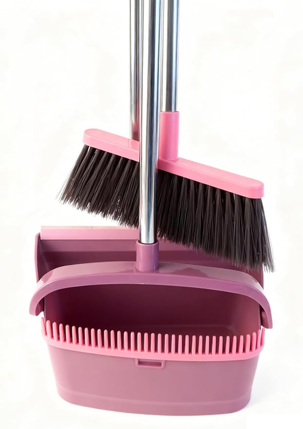 Upright Broom and Dustpan Set - Long Handle for No-Bending Comfort, 3 Rows Dense Bristles for Deep Sweeping, Suitable for Home, Office, Kitchen, Lobby, Shop, Indoor & Outdoor Spaces, Pink & Purple