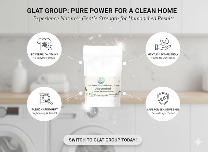 Enzyme Laundry Booster Powder - Unscented | Plant-Based, 6-Enzyme Blend for Maximum Stain & Odor Removal | Biodegradable, Boosts Detergent in All Water Temperature, HE Compatible, 16 Oz