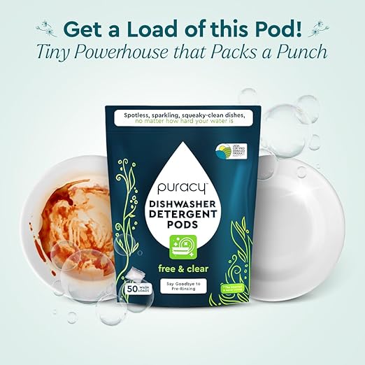 Puracy Dishwasher Pods, Dishwasher Detergent, Free & Clear Dish tabs - Enzyme-Powered, Spot & Residue Free - TikTok Trend Items, Must Haves from TikTok Made Me Buy It (Free & Clear, 50 Count)