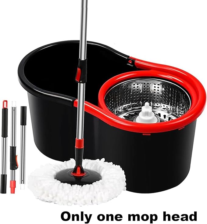 PULNDA Spin Mop and Bucket with Wringer Set, 360° Spinning Mop Bucket System with 1 Microfiber Mop Replacement Heads and 50" Stainless Steel Adjustable Handle for Floor Cleaning (15QT)
