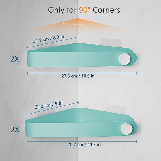 Sotfamily Plastic Shower Caddy Corner (For 90° Only), 4 Pack Adhesive Corner Shower Shelves for Bathroom Organizers and Storage, Turquoise