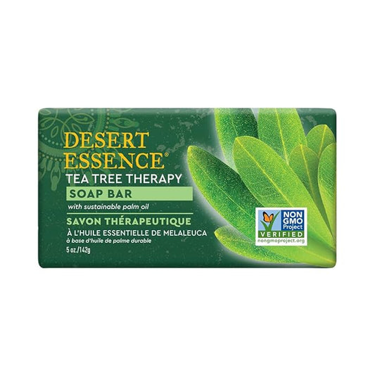 Desert Essence Tea Tree Therapy Cleansing Soap Bar - Botanically-Based with Sustainable Palm Oil, Eco-Harvest® Tea Tree, Jojoba Oil, Aloe – Safe for Sensitive Skin, Face & Body, Vegan, Cruelty-Free