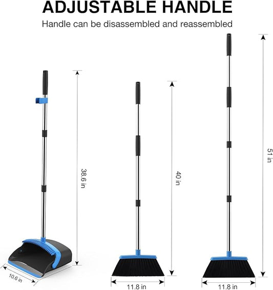 NACENA Broom and Dustpan Set, 52-in Long Adjustable Handle Broom Dustpan Combo with Dustpan Teeth to Automatically Clean Hair Suitable for Home Kitchen Office Hall Floor(Black&Blue)