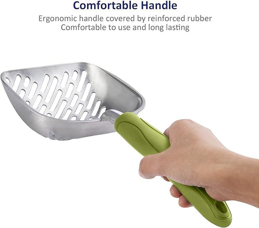 WePet Cat Litter Scoop, Aluminum Alloy Sifter, Kitty Metal Scooper, Deep Shovel with Diagonal Sifting Hole, Long Handle, Kitten Poop Lifter for Litter Box, Medium Size, Green Handle