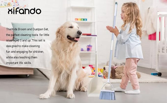 Mini Broom with Dustpan for Kids,Little Housekeeping Helper Set (White+Blue)