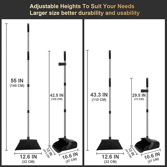 Upgraded Broom and Dustpan Set, 55" Long Handle Black Large Broom with Dustpan Combo Set,Self Cleaning Dustpan for Lobby Kitchen Office Restaurant