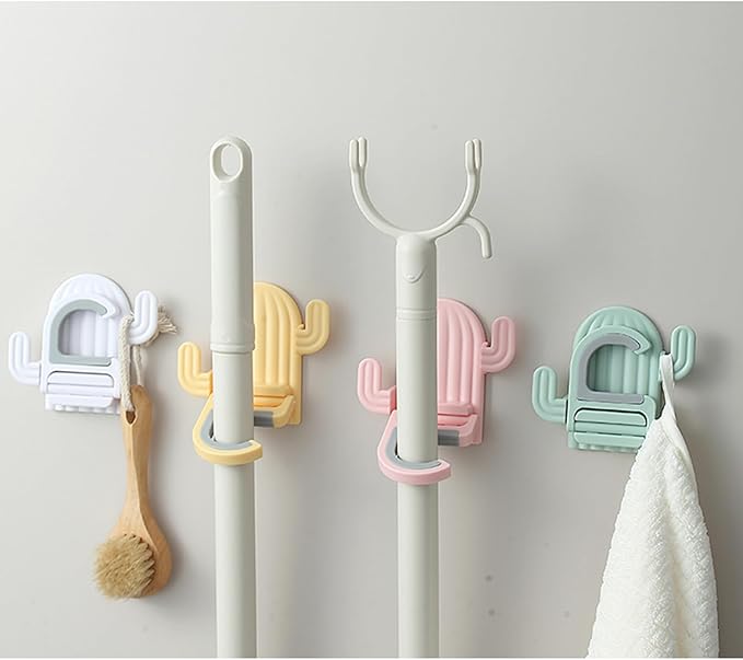 4 Pack Broom and Mop Holder Wall Mount,Cute Cactus Wall Utility Hooks No Drill Mop and Broom GripperDecorative Hanging Holder for Bathroom Kitchen
