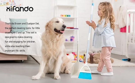 Mini Broom with Dustpan for Kids,Little Housekeeping Helper Set (White+Sky Blue)