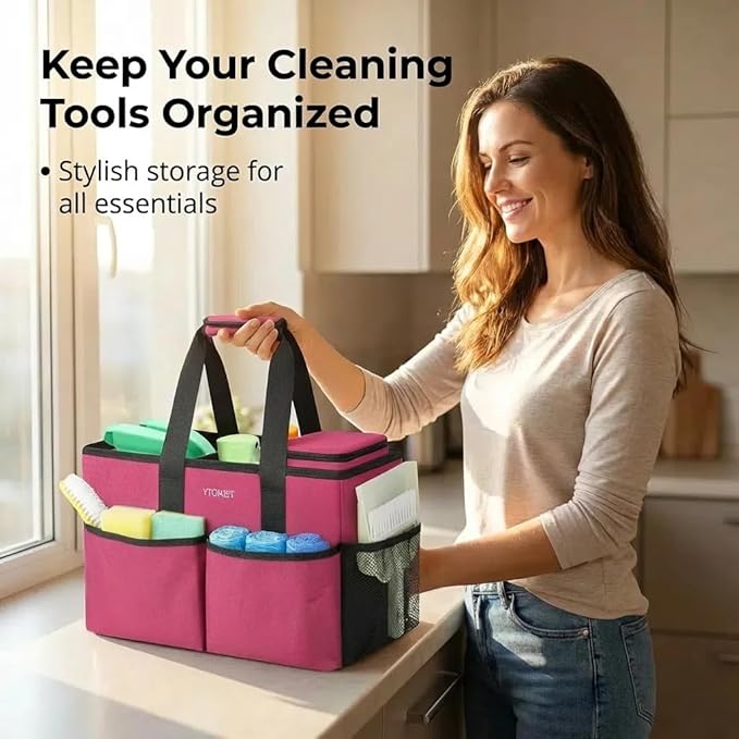 Ytonet Cleaning Caddy, Water Resistant Cleaning Supplies Organizer with Handle & Foldable Divider for Cleaners, Housekeeping Tote for Kitchen & Bathroom, Car Tool Caddy Organizer Bag, Rosered