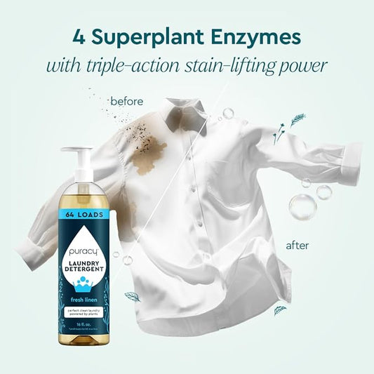 Puracy Laundry Detergent - Enzyme-Powered Liquid Laundry Detergent Concentrate, Natural Laundry Detergent Seen on TikTok, Non-Toxic (Fresh Linen, 16 fl oz, 64 Loads)