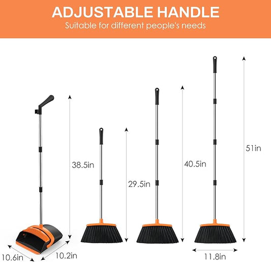 Broom and Dustpan Set for Home, 51-in Long Adjustable Handle Angle Broom and Dustpan Combo Set with Dust Pan Teeth to Clean Hair for Home Kitchen Office Lobby Floor Garden, Black Orange
