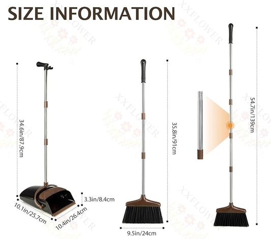 Broom and Dustpan Set with Long Handle, Light Weight Stainless Steel Poles Stand Upright Dustpans with Broom Combo for Home Kitchen Office Pet Dog Hair, 1-Pack (Black Brown)