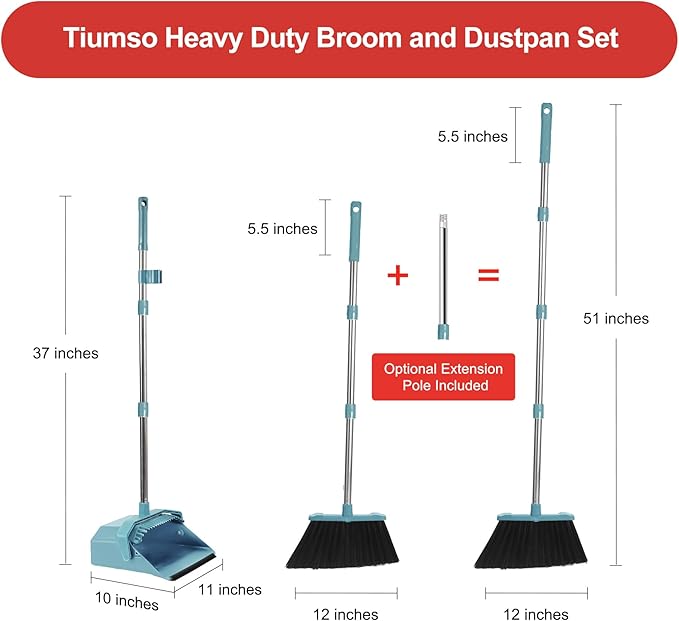 Upgrade Broom and Dustpan Set, Broom with Dustpan Combo Sets, Large Brooms and Dust Pan with Handle, Self-Cleaning Dust Pans, Heavy Duty Broom and Dustpans Set for Lobby Kitchen Office - Green