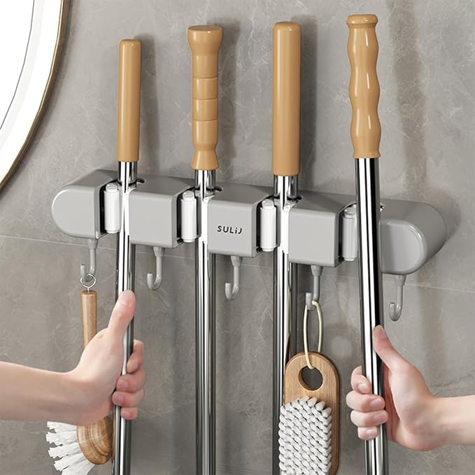 Mop Broom Holder Wall Mounted, 5 Racks and 4 Hooks Punch Free Mop and Broom Holder Wall Mount Broom Rack, Heavy Duty Hooks Self Adhesive Solid Non-slip for Home Kitchen Garden Laundry (2, Grey)