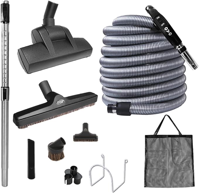OVO Large and Powerful Central Vacuum System, Hybrid Filtration (with or Without Disposable Bags), 25L or 6.6 Gal, 630 Airwatts + 40 ft Premium Deluxe Plus Accessory Kit