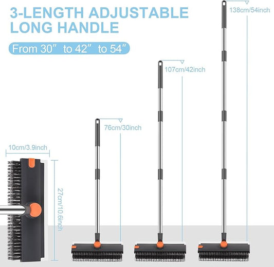 Floor Scrub V Brush with Long Handle 4 in 1 Silicone Scrape and Stiff Bristle Scrubber 360° Cleaning Brush with Tweezers for Shower Bathroom, Patio, Garage, Kitchen, Wall and Deck