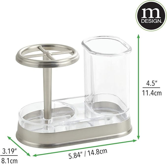 mDesign Decorative Bathroom Dental Storage Organizer Holder Stand for Electric Spin Toothbrush/Toothpaste - Compact Design for Countertop and Vanity, Holds 4 Standard Brushes - Clear/Brushed