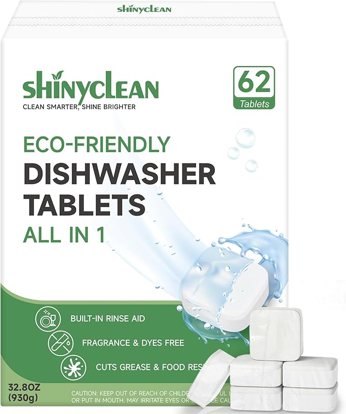 Dishwasher Detergent Tablets with Built-in Rinse Aid | All-in-1 Plant-Based Pods | Fragrance & Dye Free | Natural & Phosphate-Free | Biodegradable & No Unwrapping Needed | 62 Count