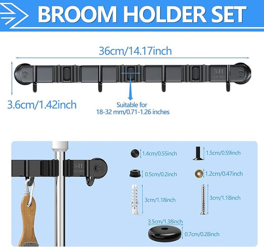3-H Magnetic Broom Holder Wall Mount 2 Pack, 2-in-1 Dual Mount (No Drill or Screw Fix), 304 Stainless Steel Heavy Duty Magnet Mop Broom Organizer for Kitchen Garden Garage(3 Racks & 4 Hooks,Black)