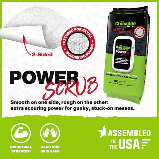 Crocodile Cloth PowerSCRUB - 40 (15" x 10") Heavy Duty Cleaning Wipes - Dual-Surface Cloths, Moist, Absorbent, & Disposable - Safe on Skin & Multiple Surfaces