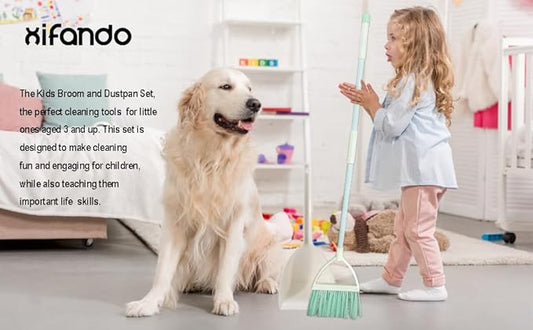 Mini Broom with Dustpan for Kids,Little Housekeeping Helper Set (White+Green)