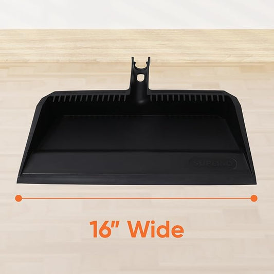 Superio Wide Plastic Dustpan with Comb - 16" Wide, Rubber Lip, Broom Handle Clip, Black