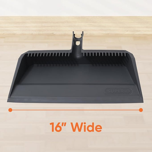 Superio Wide Plastic Dustpan with Comb - 16" Wide, Rubber Lip, Broom Handle Clip, Grey