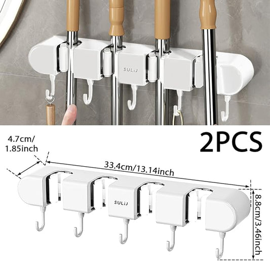 Mop Broom Holder Wall Mounted, 5 Racks and 4 Hooks Punch Free Mop and Broom Holder Wall Mount Broom Rack, Heavy Duty Hooks Self Adhesive Solid Non-slip for Home Kitchen Garden Laundry (2, White)