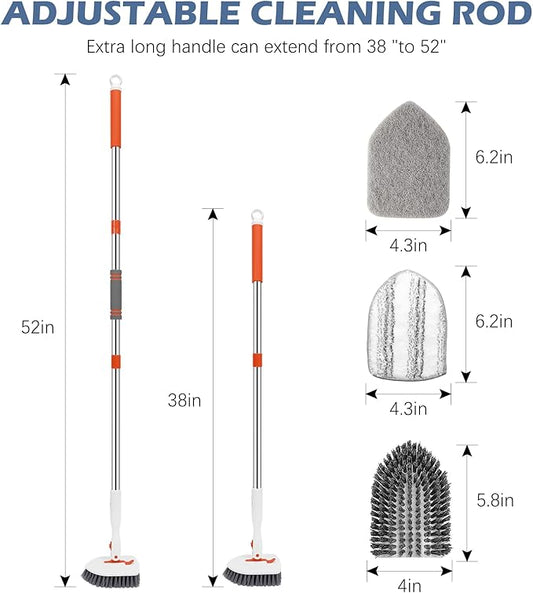 SetSail Floor Scrub Brush, 3-In-1 Tile Tub Floor Scrubber with 52-inch Adjustable Long Handle Shower Cleaner and 3 Detachable Replacement Brush Heads for Cleaning Bathroom Kitchen Walls Tub Tile