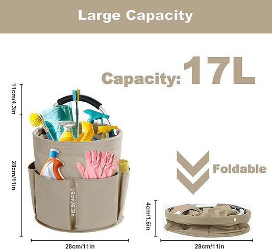 Cleaning Caddy with Handle, Cleaning Products Organiser, 17L Foldable Storage Basket, Cleaning Caddy Organiser, Portable Multi Cleaning Bucket Bag for Home, Garden (Khaki)