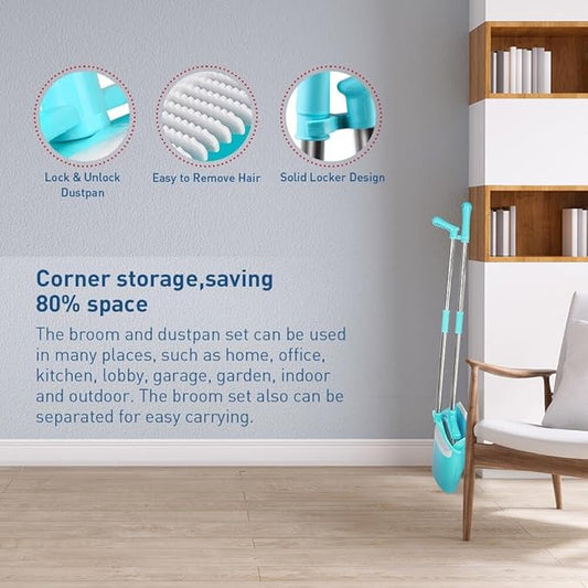 FGY Broom and Dustpan Set Stand Up Broom and Dust Pan Combo for Dog Cat Pets Home Use (Blue)