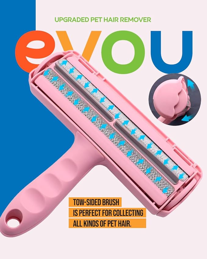 Evou Pet Hair Remover (Cat and Dog), Reusable Lint Roller for Furniture, Couch, Carpet, Car, Clothing and Bedding, Portable, Multi-Surface Fur Removal Tool (Pink)