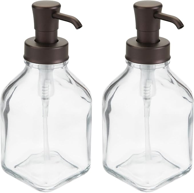 mDesign Square Glass Refillable Liquid Soap Dispenser Pump Bottle for Bathroom Vanity Countertop, Kitchen Sink - Holds Hand Soap, Dish Soap, Hand Sanitizer, Essential Oils - 2 Pack - Clear/Bronze