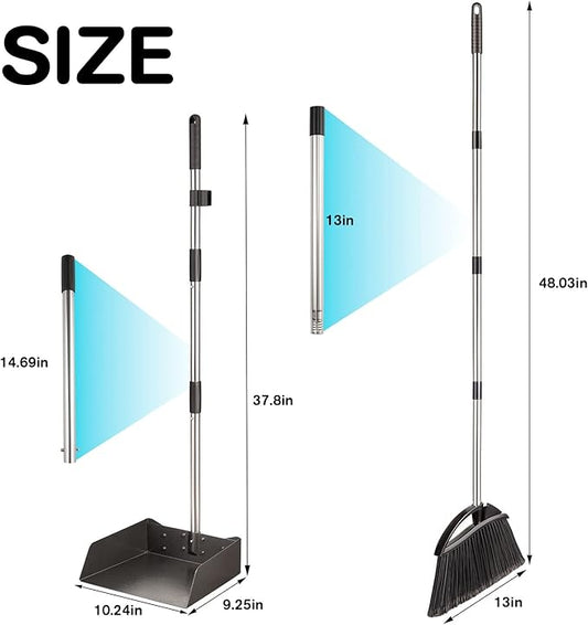 Yangbaga Long Handled Dust Pan and Broom Set for Home,Heavy Duty Metal Dustpans and Brooms,Upright Stand Up Design,54"Outdoor Broom and 38" Dustpan Combo for,Lobby Floor, Yard,Home Kitchen Office Use