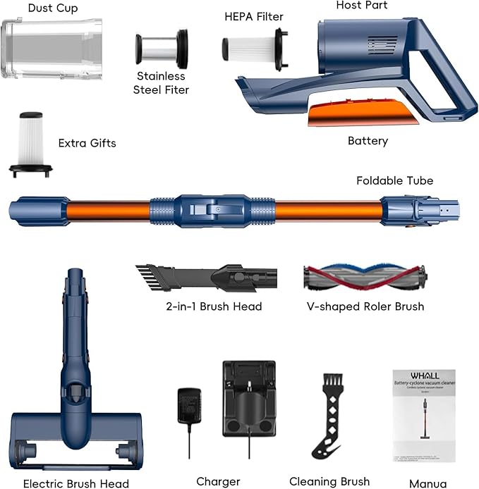 whall Cordless Vacuum Cleaner, Upgraded Strong Suction Brushless Motor Cordless Stick Vacuum Cleaner, Lightweight Handheld Vacuum for Home Pet Hair Carpet Hard Floor, up to 55mins Runtime,Blue