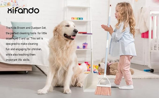 Mini Broom with Dustpan for Kids,Little Housekeeping Helper Set (White+Pink)