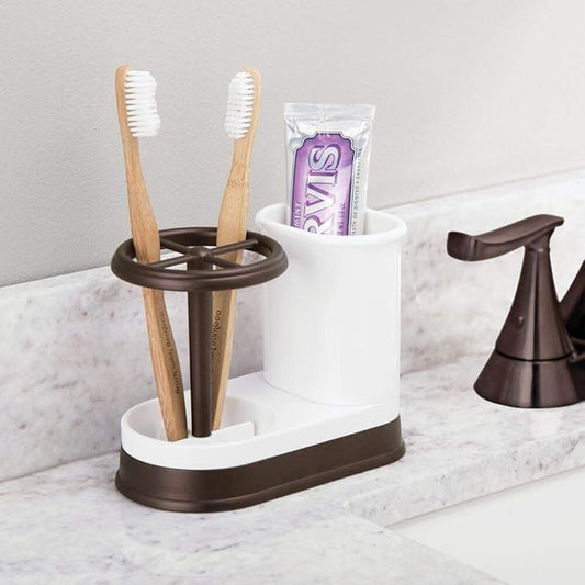 mDesign Decorative Bathroom Dental Storage Organizer Holder Stand for Electric Spin Toothbrush/Toothpaste - Compact Design for Countertop and Vanity, Holds 4 Standard Brushes - White/Bronze