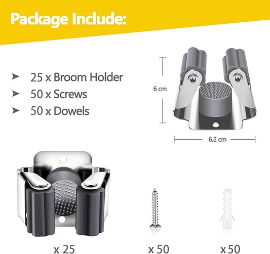 Verdenu 25 Pack Broom Holder Wall Mount, Mop and Broom Holder Wall Mount, Stainless Steel Command Mop Holder with Screws, Garden Tool Storage Organizer for Kitchen, Home, Bathroom, Garage, Grey