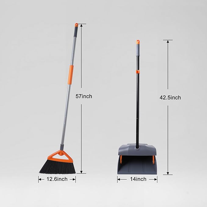 Heavy Duty Broom with Dustpan Combo Set Indoor and Outdoor Dual Purpose,Stiff Bristle Commercial Angle Broom and Standing Dust Pans with Long Handle for Sweeping Home,Kitchen,Yard,Grey