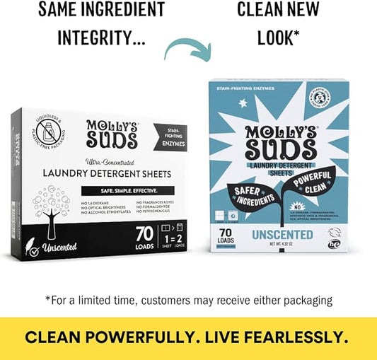 Molly’s Suds Laundry Detergent Sheets | Gentle on Sensitive Skin, Powerful Bio-Based Enzymes, Stain-Fighting | Liquidless & Plastic-Free Packaging | 120 Loads (Unscented)