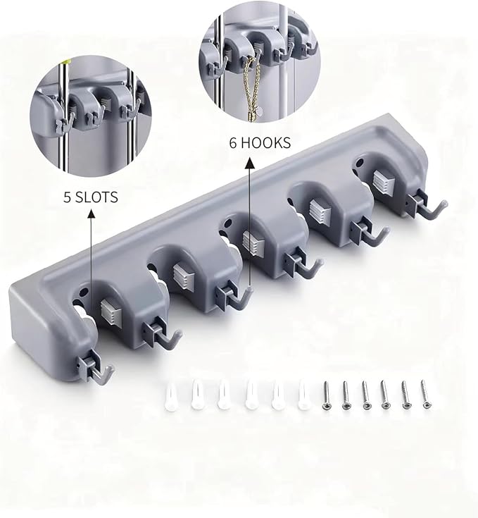 PP Plastic Multi-Function Broom & Mop Wall Mount Holder (16.9×3.35×2.36in, Gray) - Screw-Mounted Space Saver for Kitchen/Garage/Garden Tool Organization