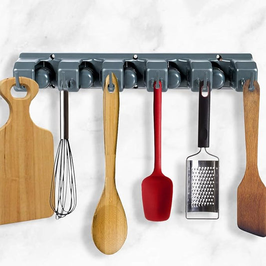 Tangkula Wall Mount Mop Broom Holder, Hanging Broom Organizer w/ 5 Slots & 6 Hooks, Home Storage Organizer Rack, Hanging Utility Rack for Home, Kitchen, Garage, Laundry (Dark Grey)