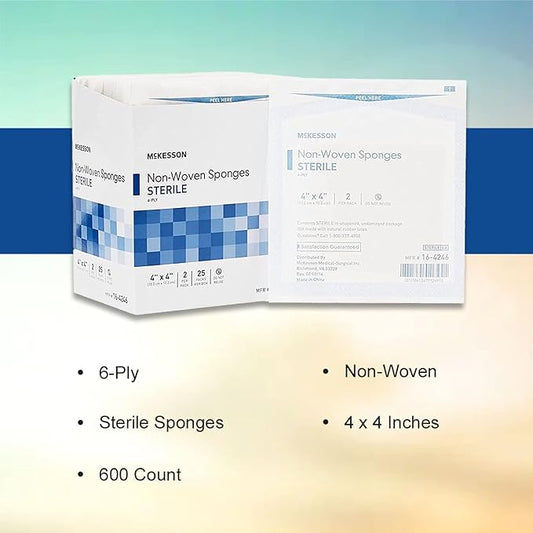 McKesson Non-Woven Sponges, Sterile, 6-Ply, Polyester/Rayon, 4 in x 4 in, 2 per Pack, 25 Packs, 50 Total