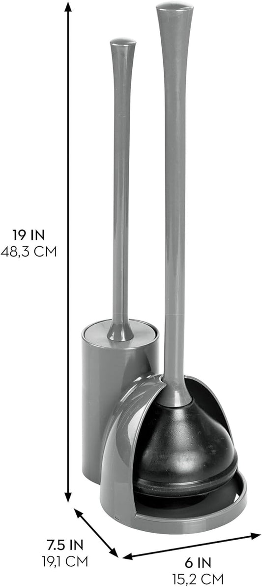 iDesign Compact Toilet Brush and Plunger Set for Bathroom Cleaning and Storage - Gray